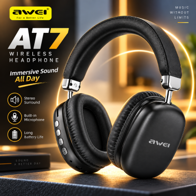 Awei AT7 Wireless Bluetooth 5.4 Headphone & Stereo Surround Speaker (2-in-1) – 70H Massive Playtime, 600mAh Battery, 40mm Drivers, Micro-SD Card Slot, Type-C & Built-In Mic